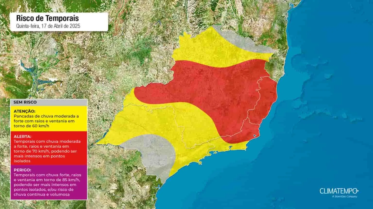 A imagem mostra as áreas em alerta para chuva intensa